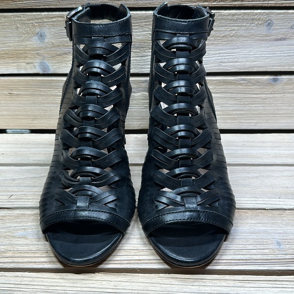 Vince Camuto EMORE Caged Woven Leather Heeled Sandals 8 1/2M / 38 1/2 Black - Picture 3 of 8